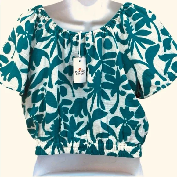 Marine Layer Tiana Cropped Blouse Spruce Flora XS NWT - Picture 5 of 8